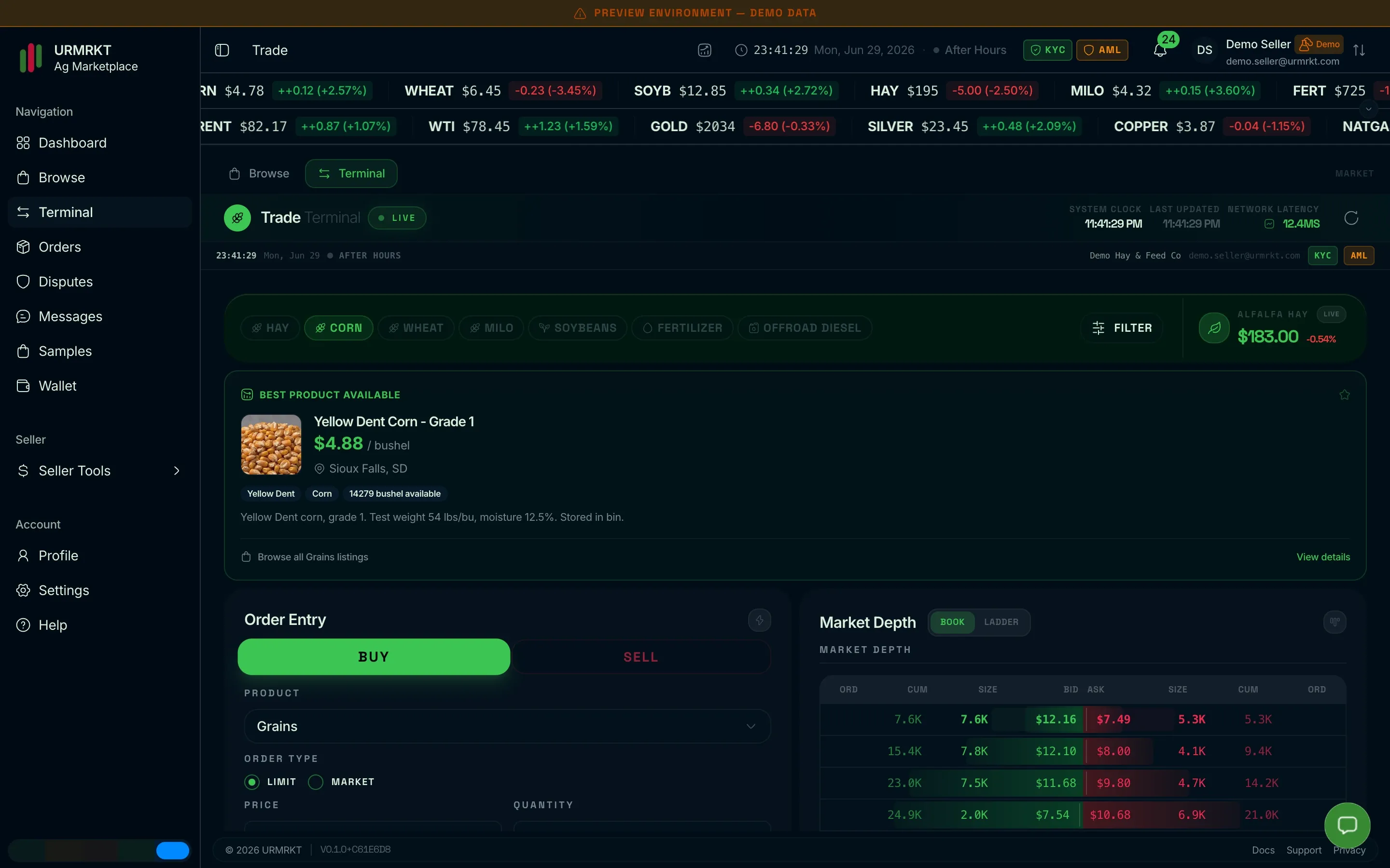 The URMRKT trading terminal with a live commodity ticker, order entry, and a market-depth book of bids and asks.